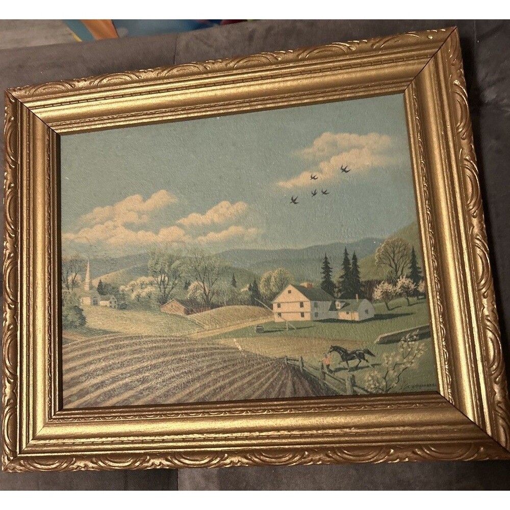 Vintage 1947 Charlotte Joan Sternberg Folk Art Farm Print Ornate Gold Frame